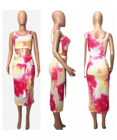 Womens Sexy 2 Piece Midi Dress Outfits - Sleeveless Tie Dye Print Tank Crop Top Bodycon Skirts Set Rose Red $18.06 Dresses