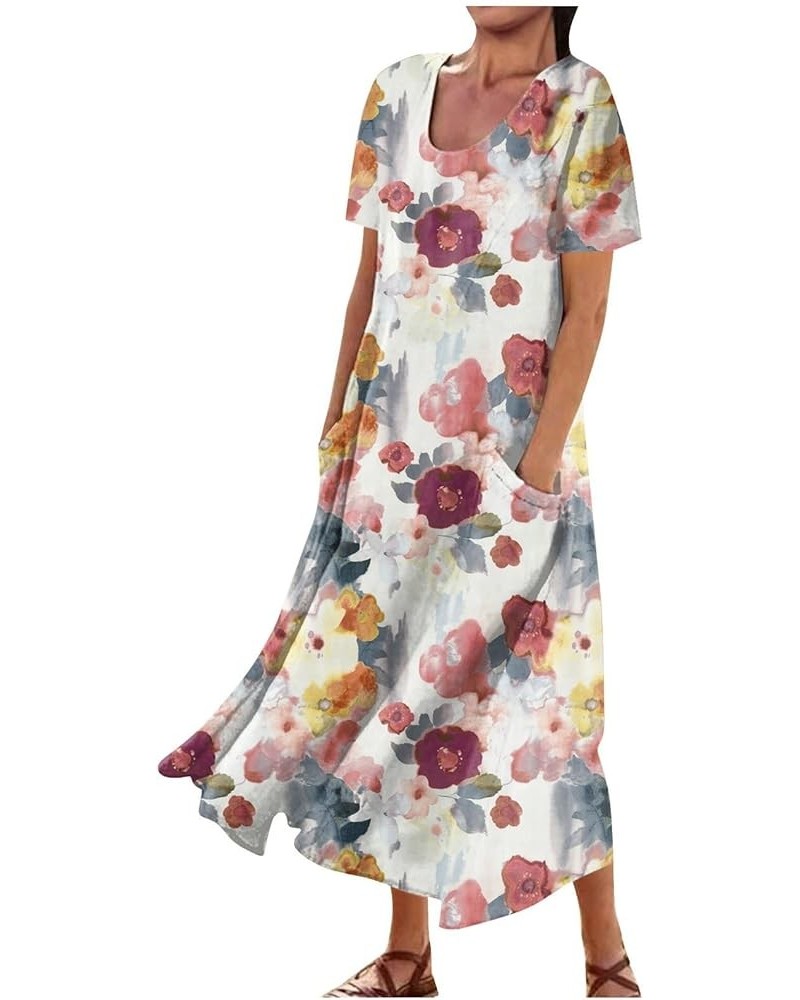 Womens Plus Size Maxi Dress Short Sleeve Cotton Linen Floral Dress with Pockets A-pink $13.74 Dresses