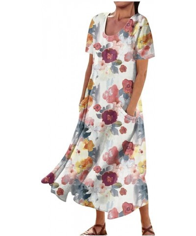 Womens Plus Size Maxi Dress Short Sleeve Cotton Linen Floral Dress with Pockets A-pink $13.74 Dresses