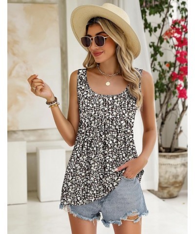 Women's Summer Tank Tops 2024 Pleated Square Neck Loose Fit Casual Flowy Tunic Sleeveless Shirts Floral Black $11.00 Tops