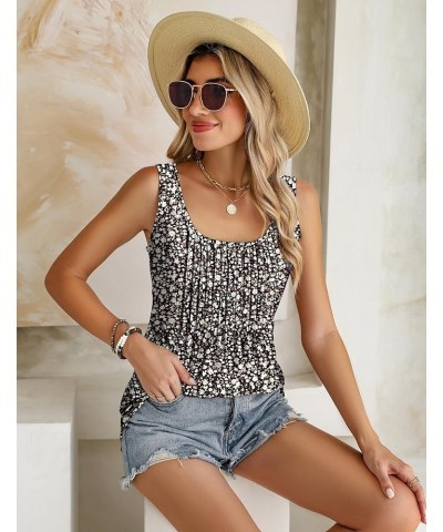 Women's Summer Tank Tops 2024 Pleated Square Neck Loose Fit Casual Flowy Tunic Sleeveless Shirts Floral Black $11.00 Tops