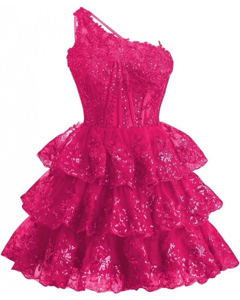 One Shoulder Tulle Homecoming Dresses 2023 Tiered Lace Prom Dresses Short Sparkly Formal Party Gowns Hot Pink $27.95 Others