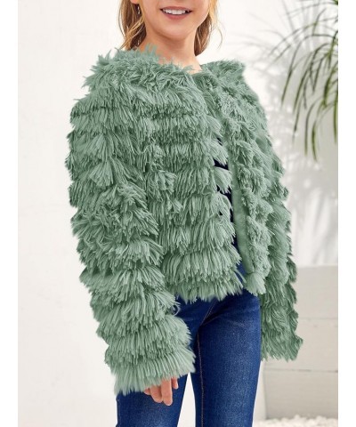 Girls Open Front Cardigan Faux Fur Coat Warm Fuzzy Trendy Winter Vintage Parka Shaggy Party Outerwear Jackets Tops Green $12....