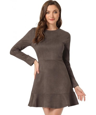 Women's Faux Suede Round Neck Elegant Long Sleeve Ruffle Dress Dark Brown $24.35 Dresses