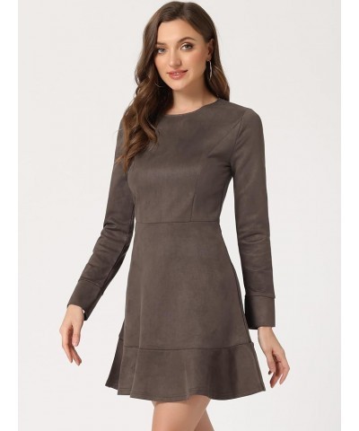 Women's Faux Suede Round Neck Elegant Long Sleeve Ruffle Dress Dark Brown $24.35 Dresses