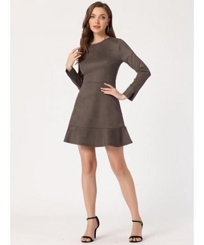 Women's Faux Suede Round Neck Elegant Long Sleeve Ruffle Dress Dark Brown $24.35 Dresses