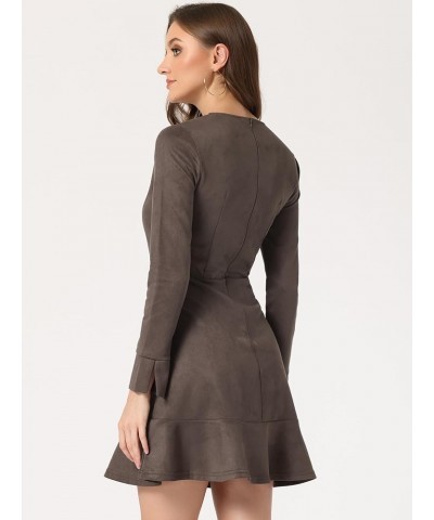 Women's Faux Suede Round Neck Elegant Long Sleeve Ruffle Dress Dark Brown $24.35 Dresses