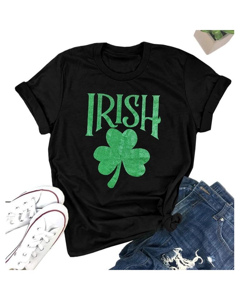 St Patrick's Day Womens Crew Neck Short Sleeve T-Shirt Black Shamrock $11.79 T-Shirts