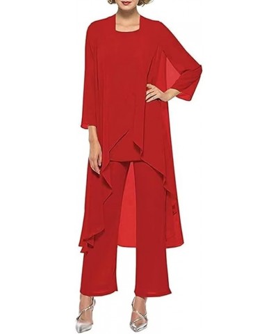 3 PCS Mother of The Bride Dresses Pant Suits with Jacket Long Sleeve Chiffon Formal Dresses for Women Red $25.80 Suits