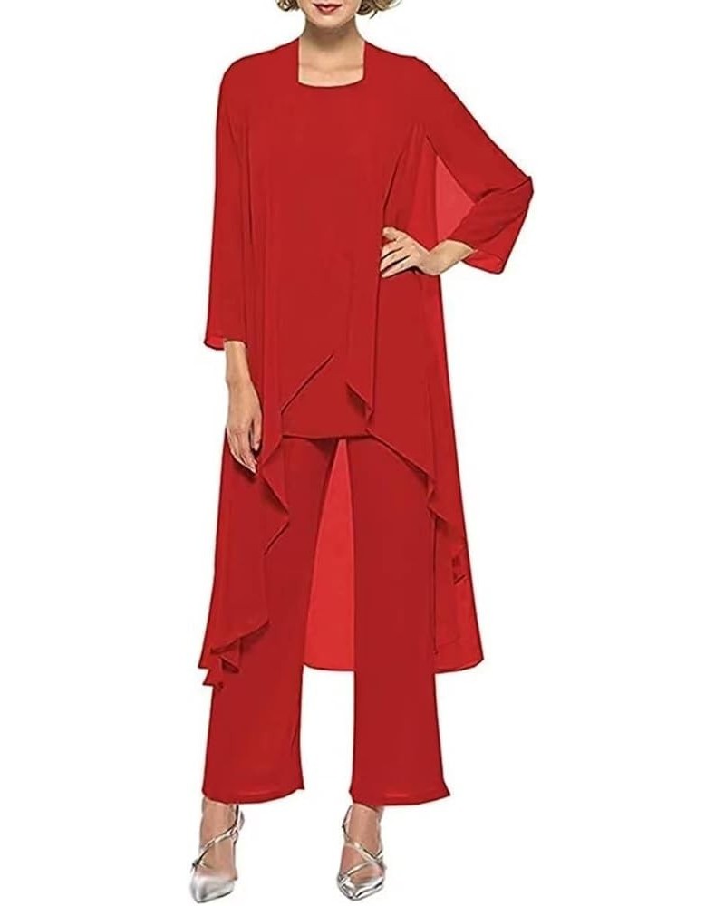 3 PCS Mother of The Bride Dresses Pant Suits with Jacket Long Sleeve Chiffon Formal Dresses for Women Red $25.80 Suits