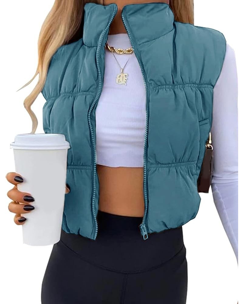 Womens Cropped Puffer Vest Zip Up Stand Collar Lightweight Sleeveless Padded Gilet with Pockets Bluegrey $17.48 Vests