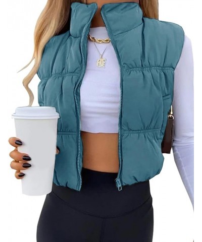 Womens Cropped Puffer Vest Zip Up Stand Collar Lightweight Sleeveless Padded Gilet with Pockets Bluegrey $17.48 Vests