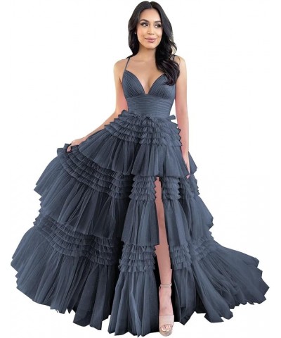 Tiered Tulle Prom Dresses for Women 2024 Glitter Ball Gown Long Formal Dress Evening Party Gowns with Slit Navy Blue $44.51 D...