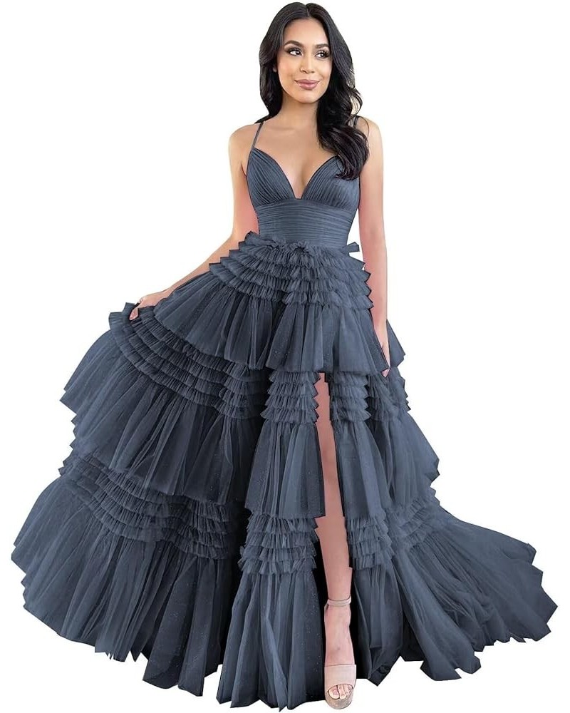 Tiered Tulle Prom Dresses for Women 2024 Glitter Ball Gown Long Formal Dress Evening Party Gowns with Slit Navy Blue $44.51 D...