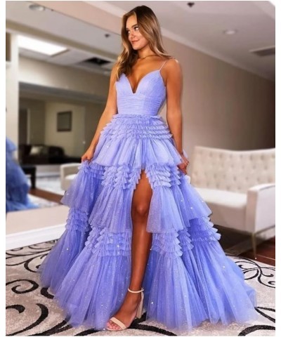 Tiered Tulle Prom Dresses for Women 2024 Glitter Ball Gown Long Formal Dress Evening Party Gowns with Slit Navy Blue $44.51 D...