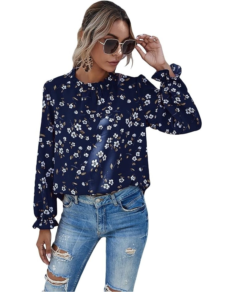 Women's Floral Print Flounce Long Sleeve Mock Neck Work Blouses Tops Black L Blue $12.31 Blouses