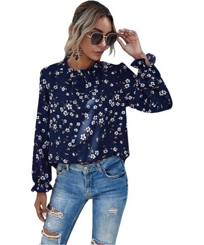 Women's Floral Print Flounce Long Sleeve Mock Neck Work Blouses Tops Black L Blue $12.31 Blouses