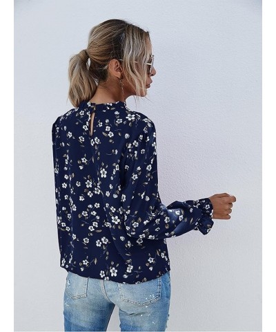 Women's Floral Print Flounce Long Sleeve Mock Neck Work Blouses Tops Black L Blue $12.31 Blouses