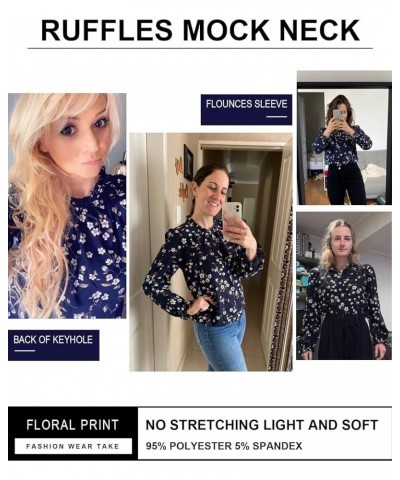 Women's Floral Print Flounce Long Sleeve Mock Neck Work Blouses Tops Black L Blue $12.31 Blouses