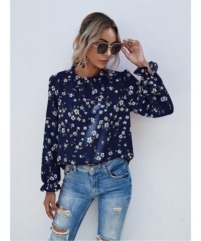 Women's Floral Print Flounce Long Sleeve Mock Neck Work Blouses Tops Black L Blue $12.31 Blouses