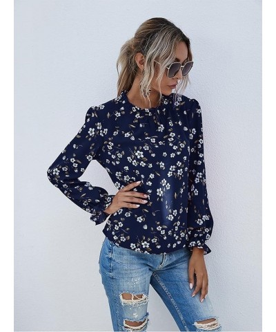 Women's Floral Print Flounce Long Sleeve Mock Neck Work Blouses Tops Black L Blue $12.31 Blouses