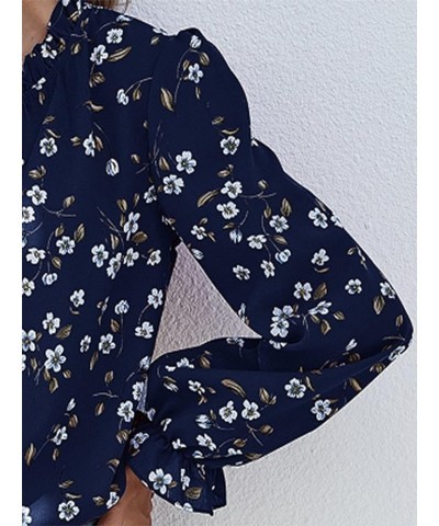 Women's Floral Print Flounce Long Sleeve Mock Neck Work Blouses Tops Black L Blue $12.31 Blouses