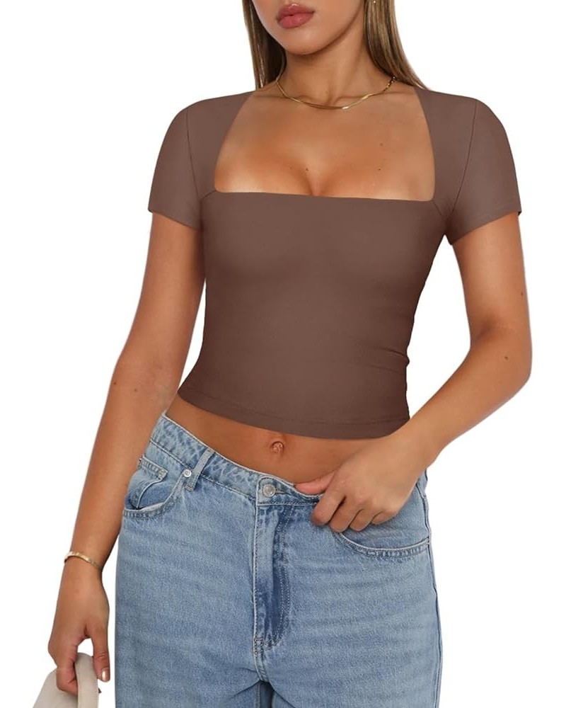 Women's Sexy Square Neck Short Sleeve Double Lined Tight T Shirts Crop Tops Coffee $11.00 T-Shirts