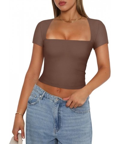 Women's Sexy Square Neck Short Sleeve Double Lined Tight T Shirts Crop Tops Coffee $11.00 T-Shirts