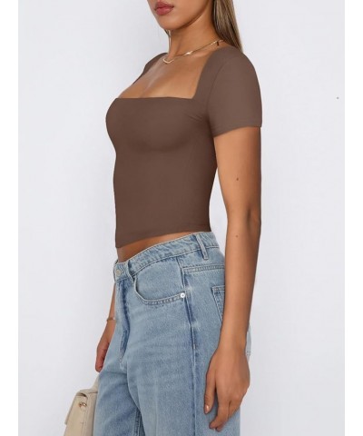 Women's Sexy Square Neck Short Sleeve Double Lined Tight T Shirts Crop Tops Coffee $11.00 T-Shirts