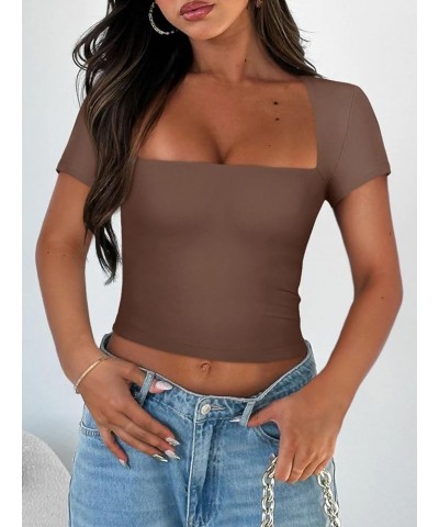 Women's Sexy Square Neck Short Sleeve Double Lined Tight T Shirts Crop Tops Coffee $11.00 T-Shirts