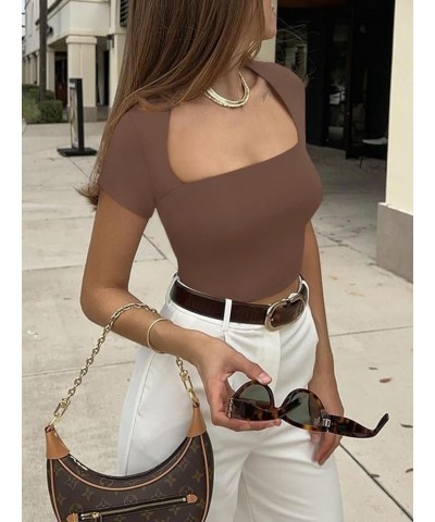 Women's Sexy Square Neck Short Sleeve Double Lined Tight T Shirts Crop Tops Coffee $11.00 T-Shirts