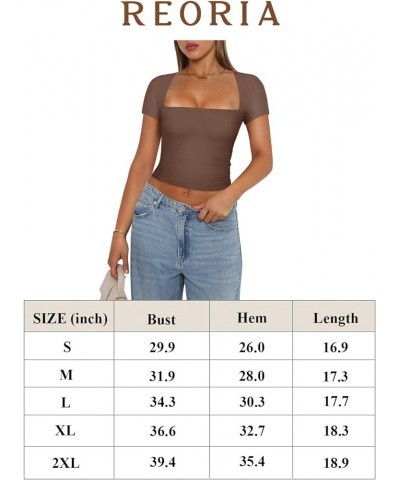 Women's Sexy Square Neck Short Sleeve Double Lined Tight T Shirts Crop Tops Coffee $11.00 T-Shirts