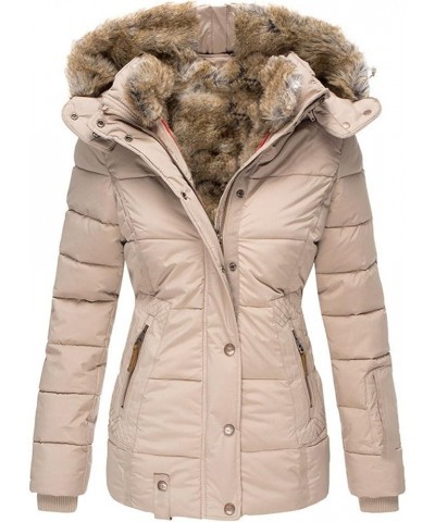 Girl down Jacket Women's Warm Woolen Collar Cotton Jacket With Zipper Long Sleeved Slim Fitting Hooded Women's Beige $35.10 J...