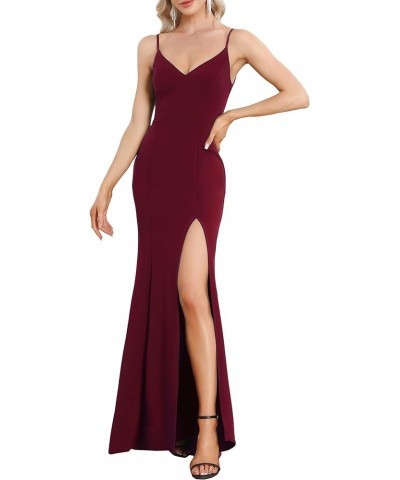 Women's Spaghetti Straps V-Neck Mermaid Side Split Elegant Formal Dress with Stretchy 00058 Burgundy $17.99 Dresses