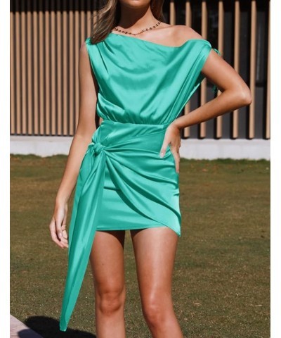 Women's 2024 Sexy Satin One Shoulder Sleeveless Ruched Tie Waist Wrap Bodycon Cocktail Party Mini Dress Peacock $24.20 Dresses