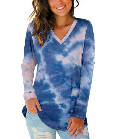 Women Long Sleeve T Shirt Casual V Neck Basic Tee Tops Tie Dye Split Hem Shirt Blue White $8.84 T-Shirts