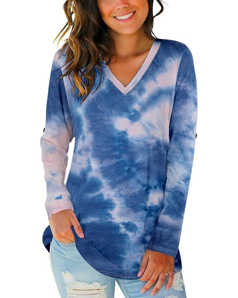 Women Long Sleeve T Shirt Casual V Neck Basic Tee Tops Tie Dye Split Hem Shirt Blue White $8.84 T-Shirts