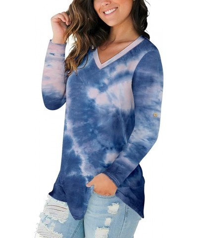 Women Long Sleeve T Shirt Casual V Neck Basic Tee Tops Tie Dye Split Hem Shirt Blue White $8.84 T-Shirts