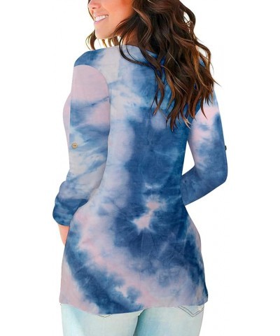 Women Long Sleeve T Shirt Casual V Neck Basic Tee Tops Tie Dye Split Hem Shirt Blue White $8.84 T-Shirts