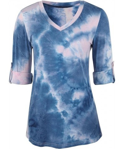 Women Long Sleeve T Shirt Casual V Neck Basic Tee Tops Tie Dye Split Hem Shirt Blue White $8.84 T-Shirts