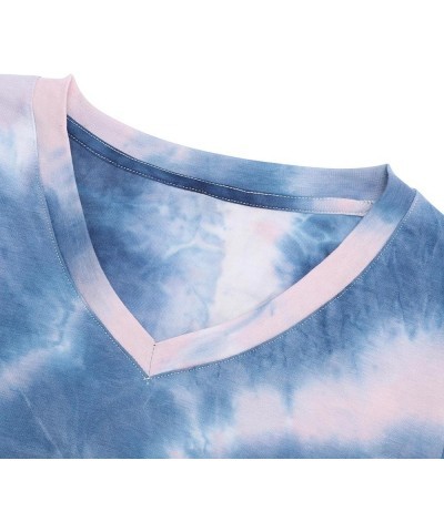 Women Long Sleeve T Shirt Casual V Neck Basic Tee Tops Tie Dye Split Hem Shirt Blue White $8.84 T-Shirts