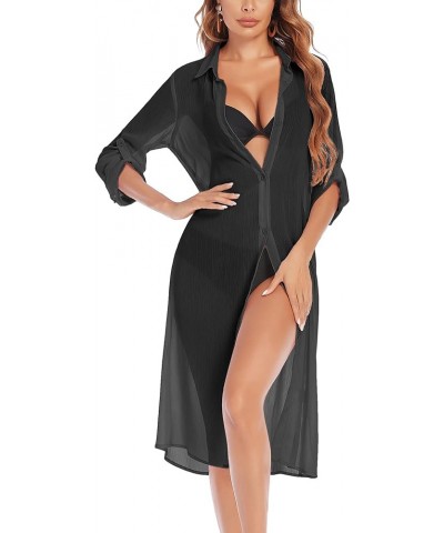 Women's Swimsuit Beach Cover Up Cardigan Bathing Suit Button Down Shirt Roll-up Sleeve Bikini Beach Wear S-3XL Black $12.60 S...