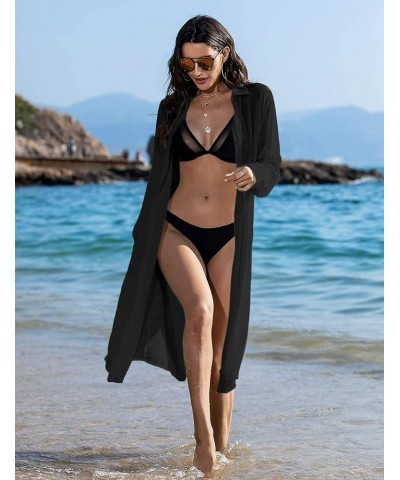 Women's Swimsuit Beach Cover Up Cardigan Bathing Suit Button Down Shirt Roll-up Sleeve Bikini Beach Wear S-3XL Black $12.60 S...