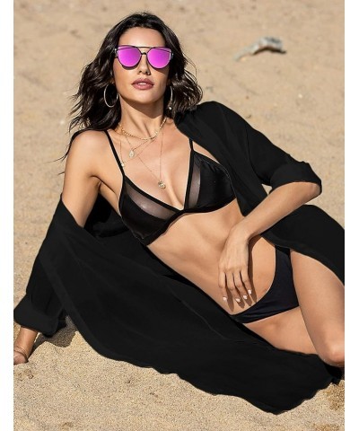 Women's Swimsuit Beach Cover Up Cardigan Bathing Suit Button Down Shirt Roll-up Sleeve Bikini Beach Wear S-3XL Black $12.60 S...