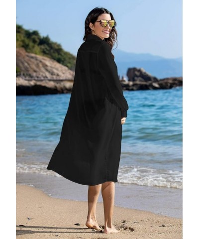 Women's Swimsuit Beach Cover Up Cardigan Bathing Suit Button Down Shirt Roll-up Sleeve Bikini Beach Wear S-3XL Black $12.60 S...