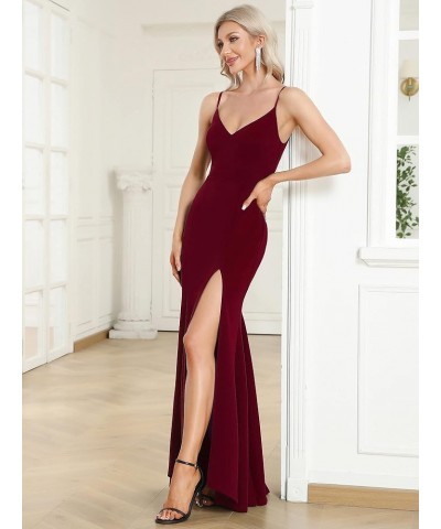 Women's Spaghetti Straps V-Neck Mermaid Side Split Elegant Formal Dress with Stretchy 00058 Burgundy $17.99 Dresses