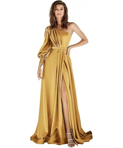 Long Sleeve One Shoulder Prom Dresses with Slit Satin Pleated Applique Formal Evening Party Gowns for Women Gold $33.32 Dresses