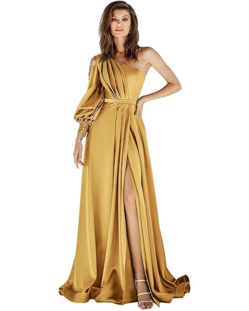 Long Sleeve One Shoulder Prom Dresses with Slit Satin Pleated Applique Formal Evening Party Gowns for Women Gold $33.32 Dresses