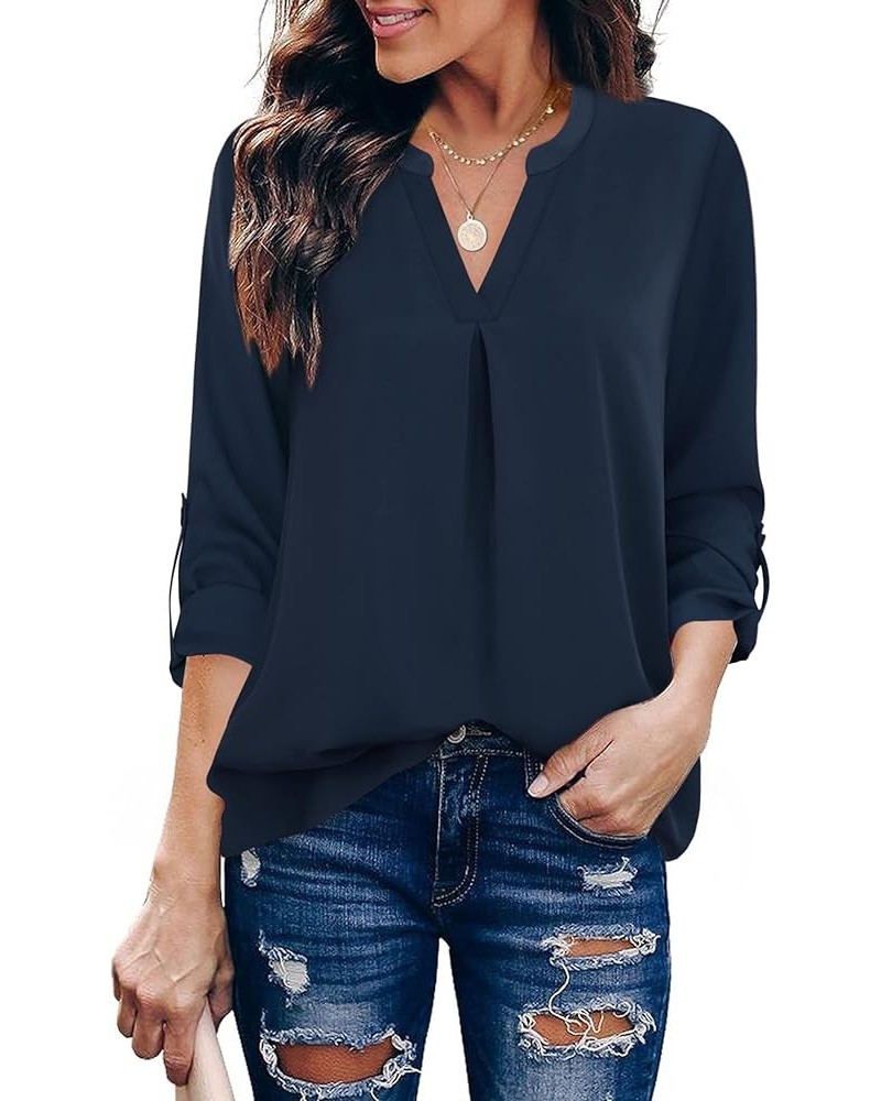 Women's Blouses 3/4 Sleeve Work Shirt Chiffon Tunic Top Office Wear Deep Blue $17.84 Blouses