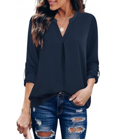 Women's Blouses 3/4 Sleeve Work Shirt Chiffon Tunic Top Office Wear Deep Blue $17.84 Blouses